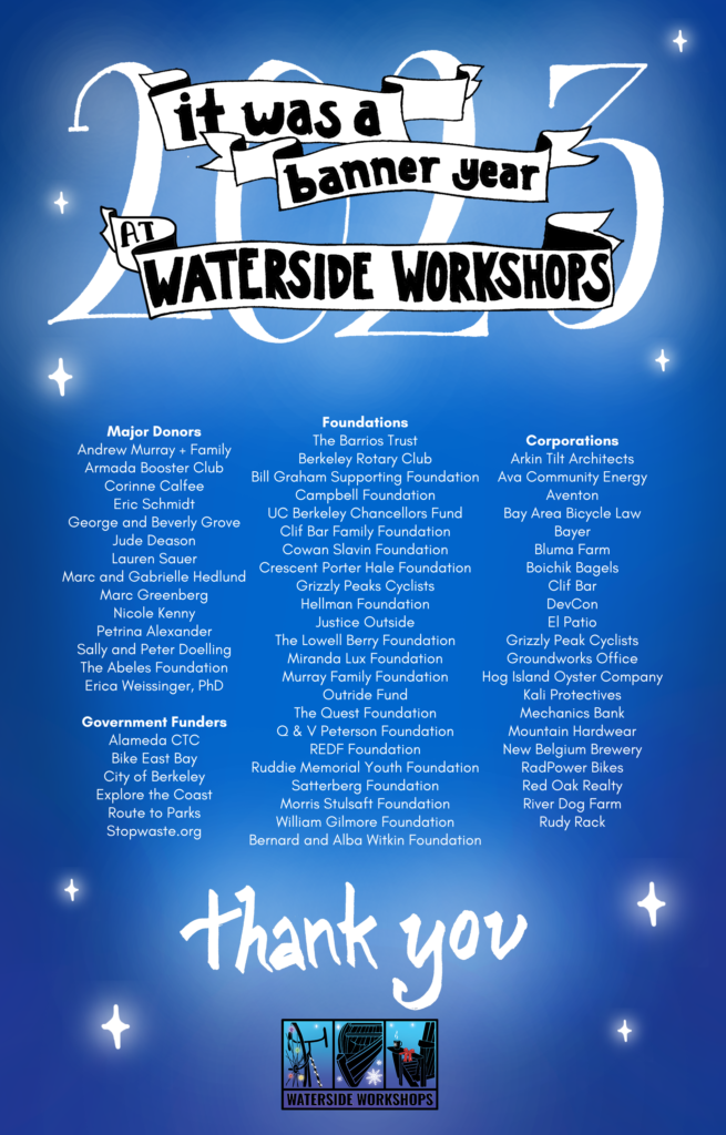 White banner over blue background states: It was a banner year at Waterside Workshops, over the year 2023 in large letters. Below is a long list of major donors, government funders, foundations, and corporations. At the bottom the words Thank You in hand-written font and the Waterside winter logo.